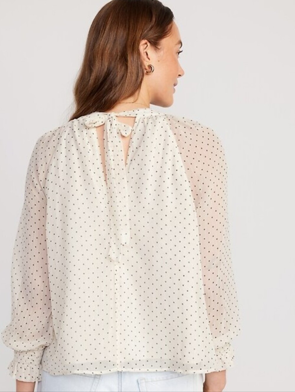 Old Navy Cream Polka Dot Halter Blouse Size L Long Sleeve Tie Neck Sheer Top